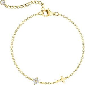 925 Sterling Silver CZ Bracelet - CZ Flower Cross Bracelet Gold
